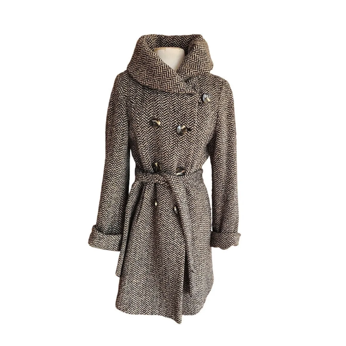 Vintage Y2K Houndstooth Coat Gray Herringbone Wool Large Collar Ellen Tracy / M