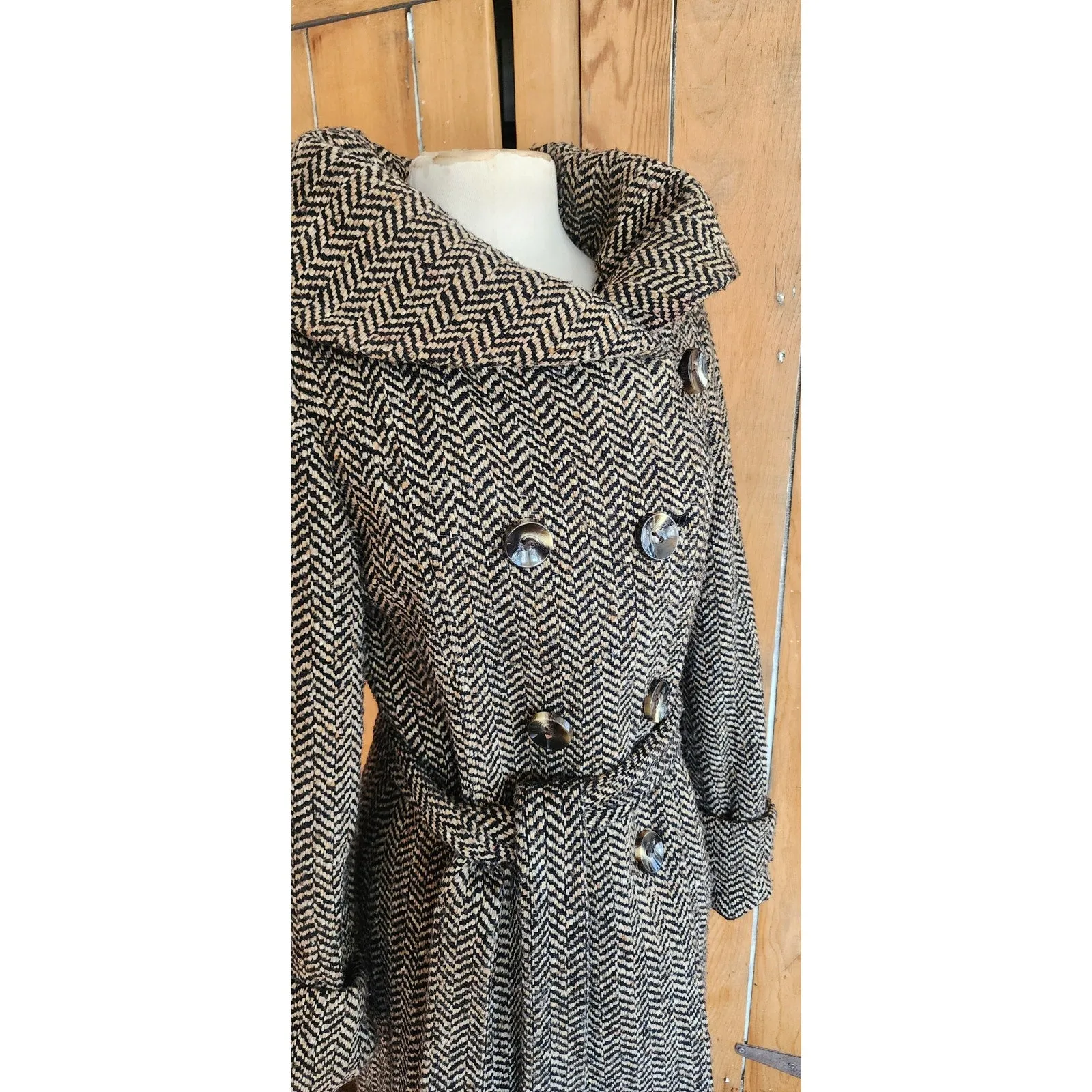 Vintage Y2K Houndstooth Coat Gray Herringbone Wool Large Collar Ellen Tracy / M
