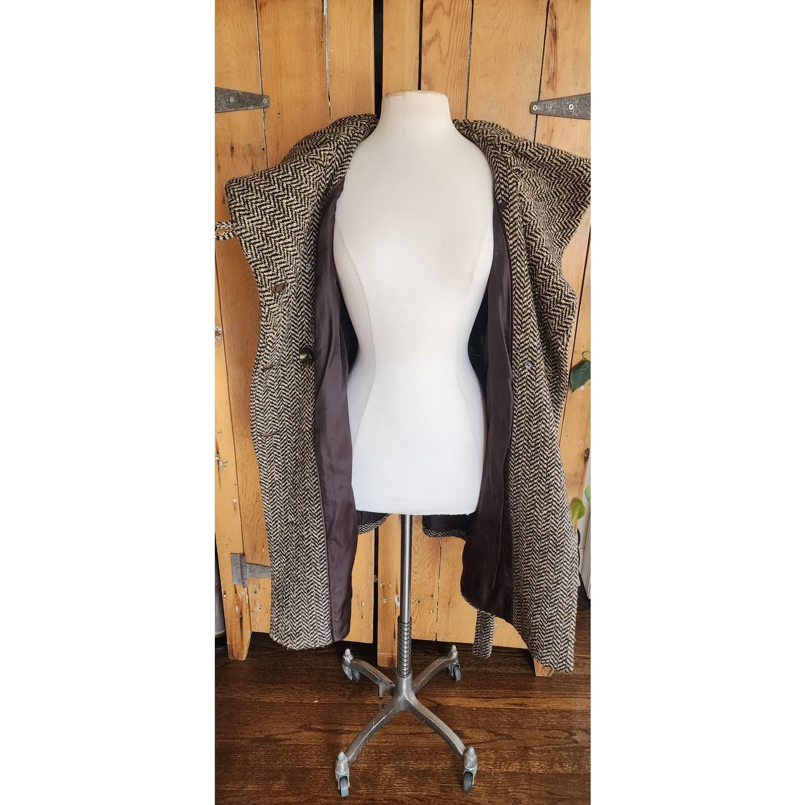 Vintage Y2K Houndstooth Coat Gray Herringbone Wool Large Collar Ellen Tracy / M