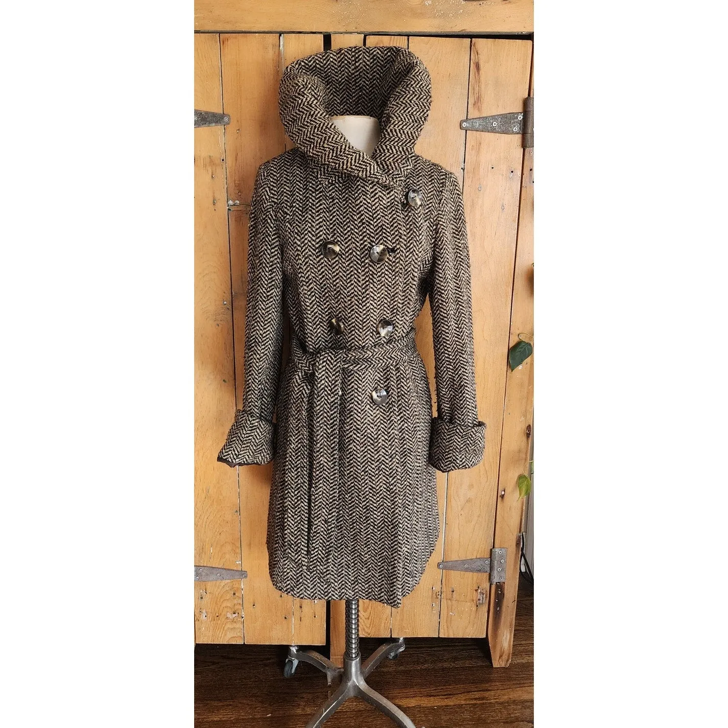 Vintage Y2K Houndstooth Coat Gray Herringbone Wool Large Collar Ellen Tracy / M