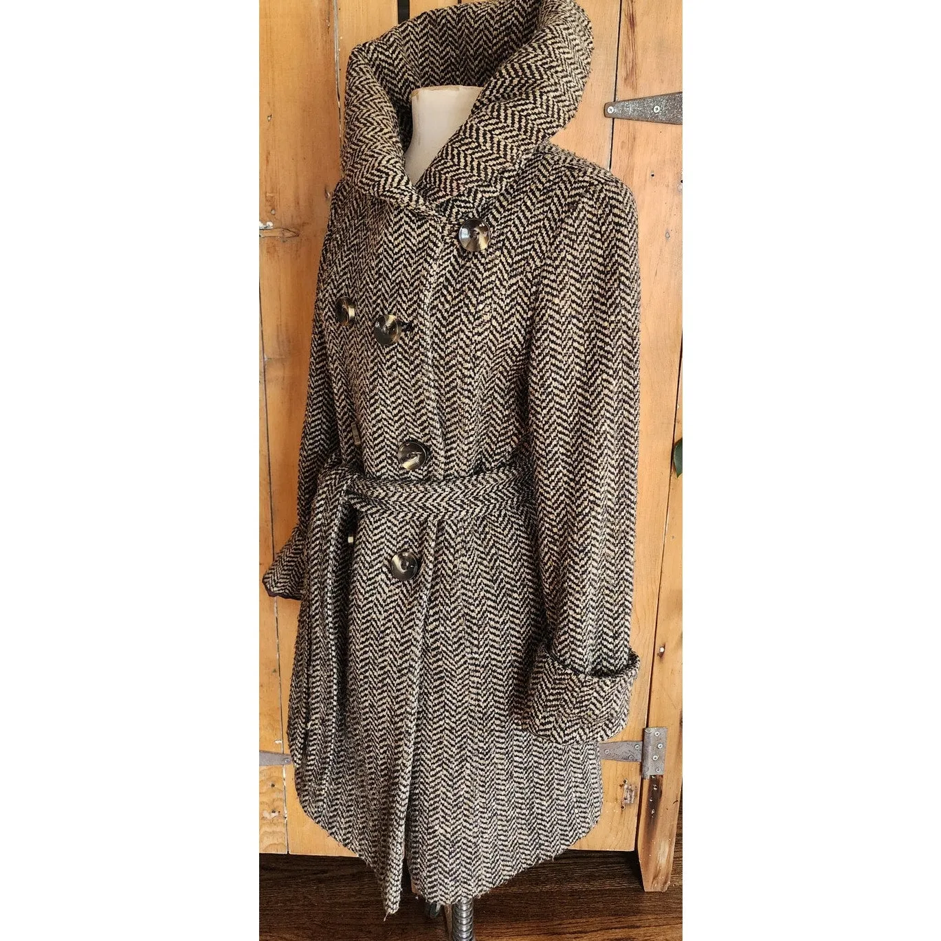 Vintage Y2K Houndstooth Coat Gray Herringbone Wool Large Collar Ellen Tracy / M
