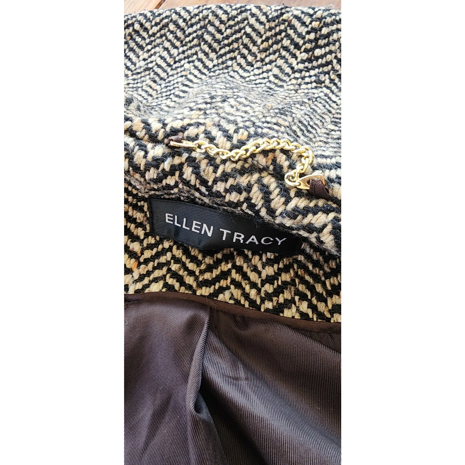 Vintage Y2K Houndstooth Coat Gray Herringbone Wool Large Collar Ellen Tracy / M