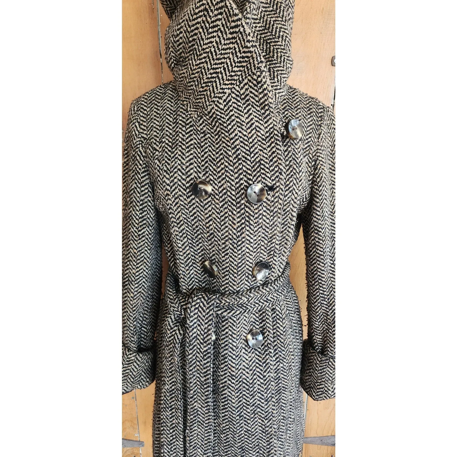 Vintage Y2K Houndstooth Coat Gray Herringbone Wool Large Collar Ellen Tracy / M