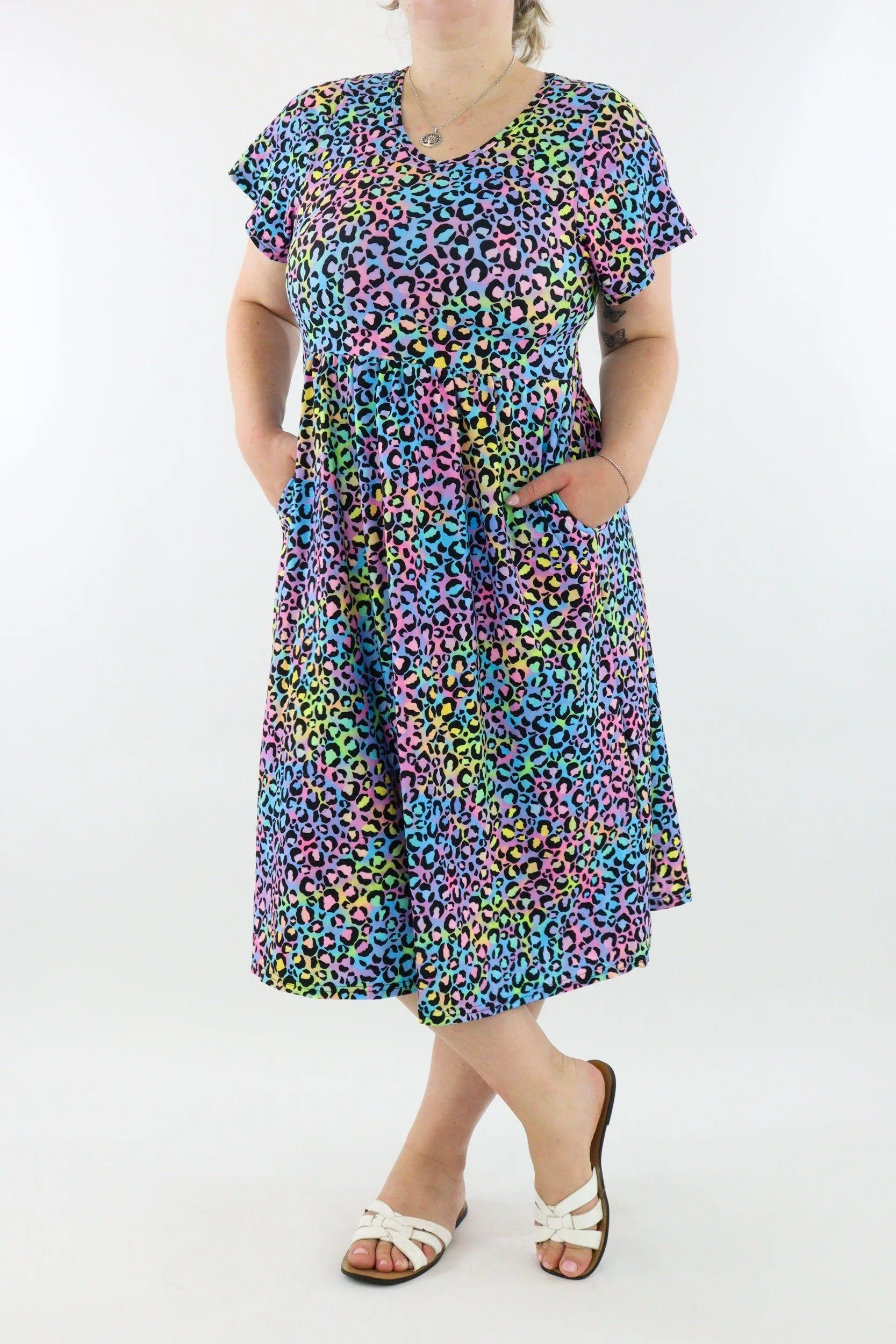 Vivid Leopard - A-Line Dress - Midi Length - Side Pockets