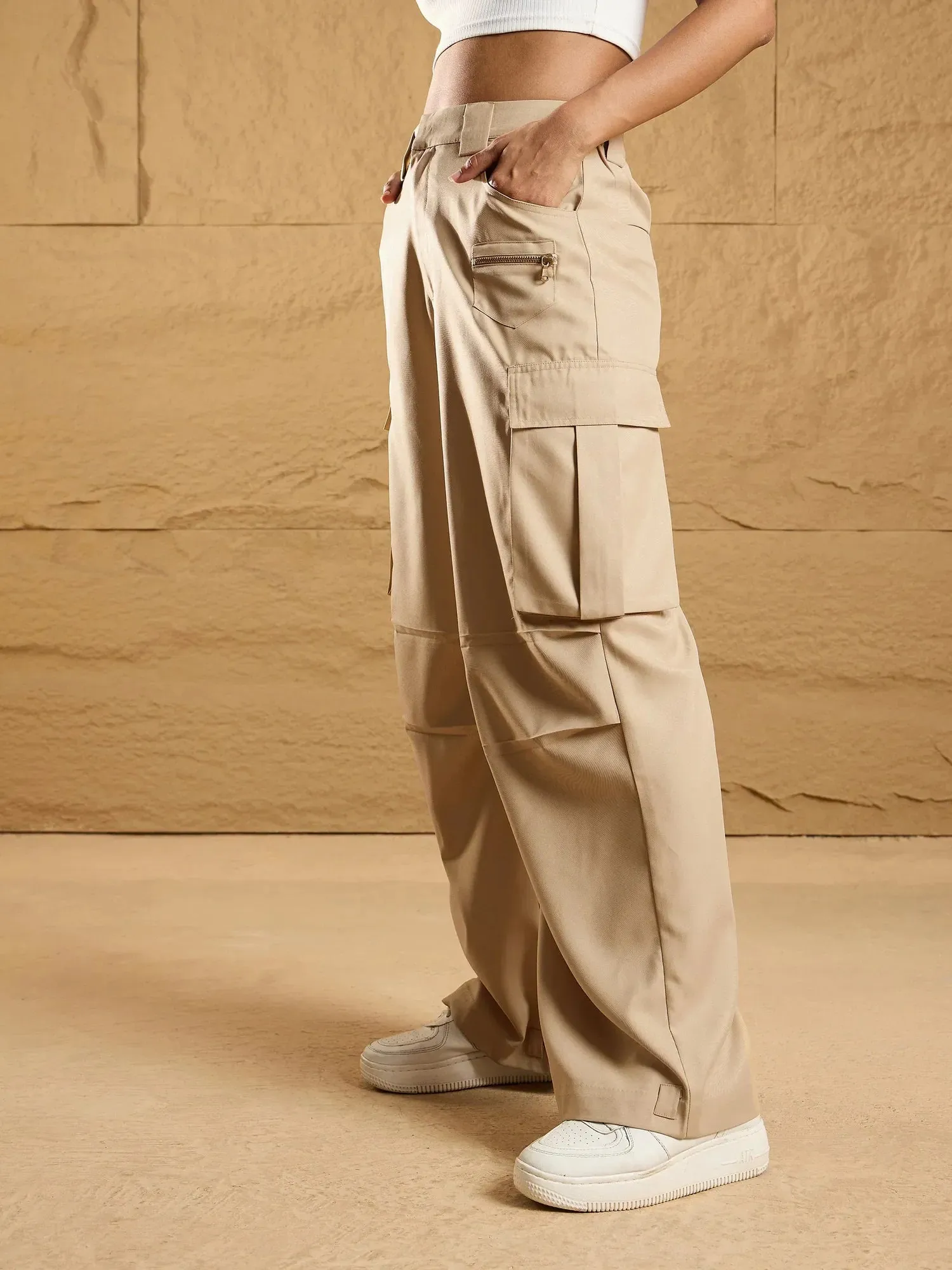 Women Beige Side Pockets Parachute Korean Cargo Pants-SFPANT50854