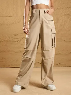 Women Beige Side Pockets Parachute Korean Cargo Pants-SFPANT50854