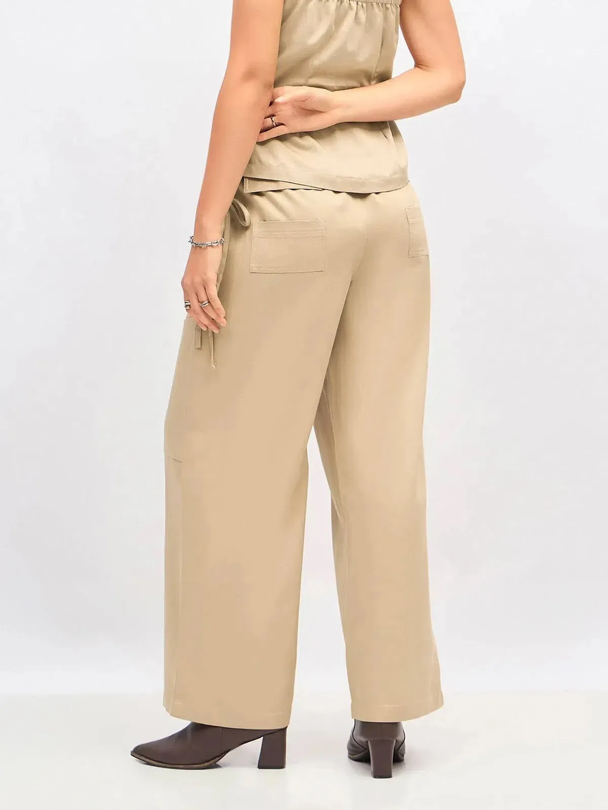 Women Beige Twill Waist Drawstring Cargo Pants