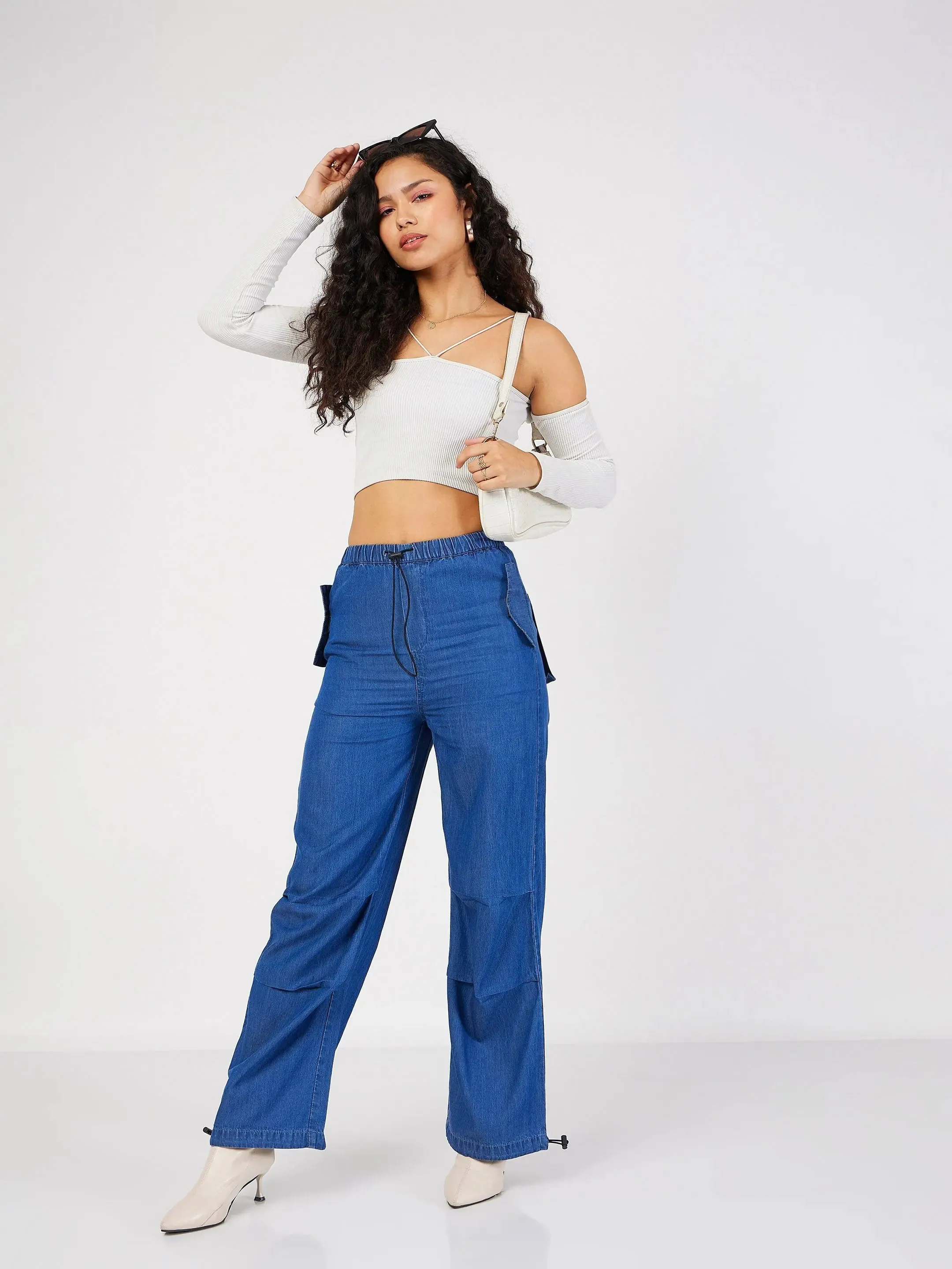 Women Blue Denim Baggy Fit Cargo Pants-SFPANT50695XS