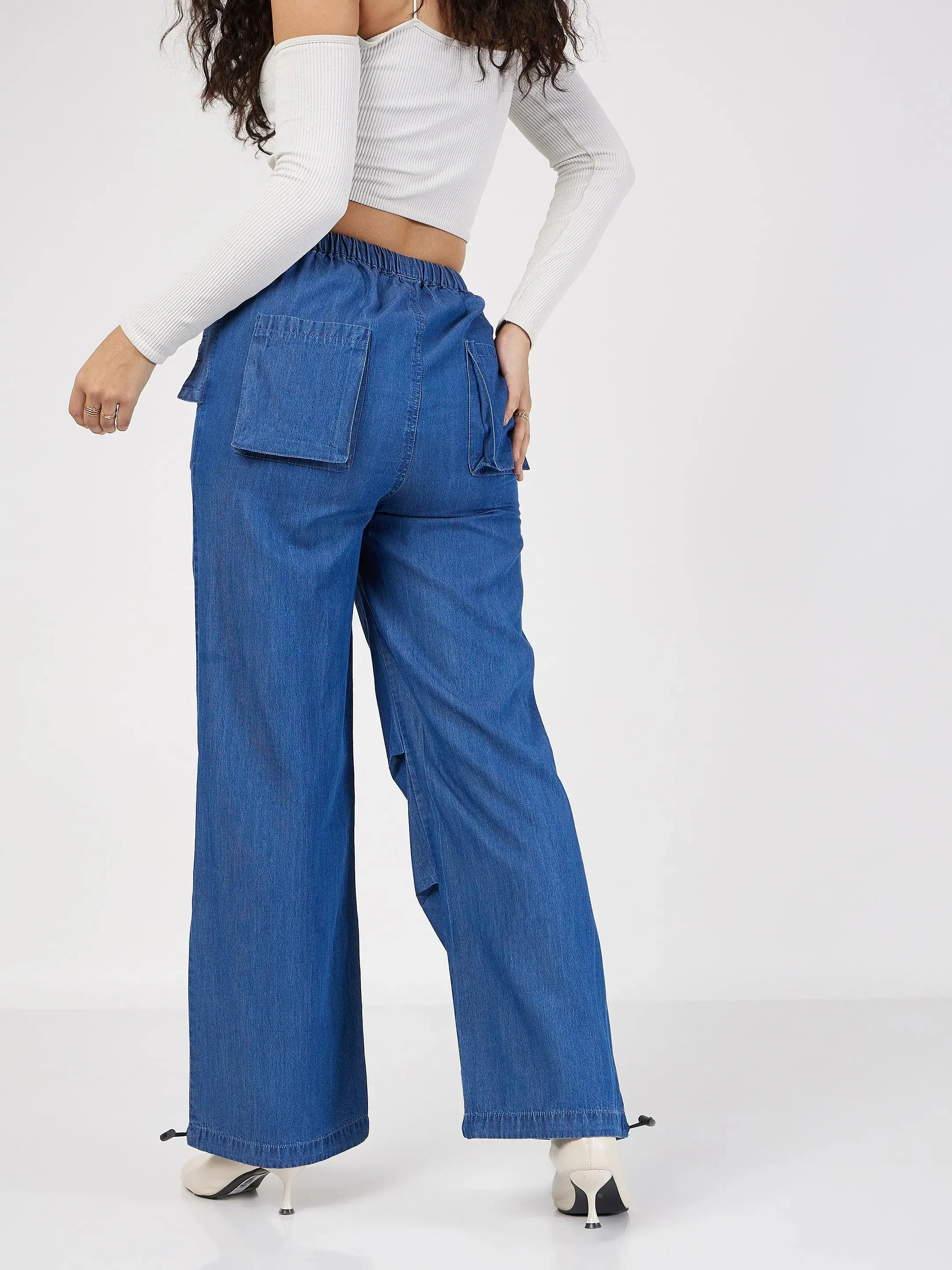 Women Blue Denim Baggy Fit Cargo Pants-SFPANT50695XS
