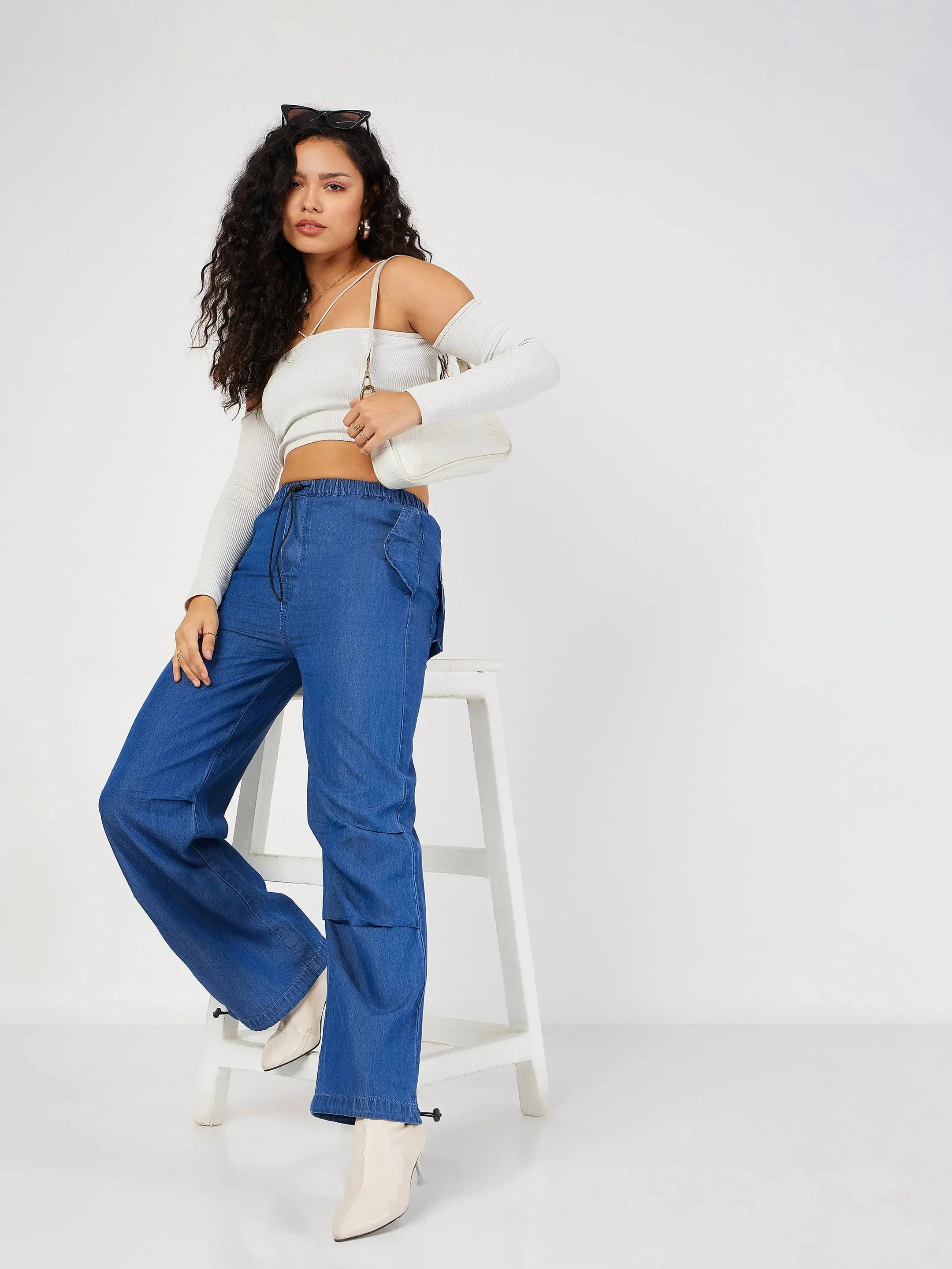 Women Blue Denim Baggy Fit Cargo Pants-SFPANT50695XS
