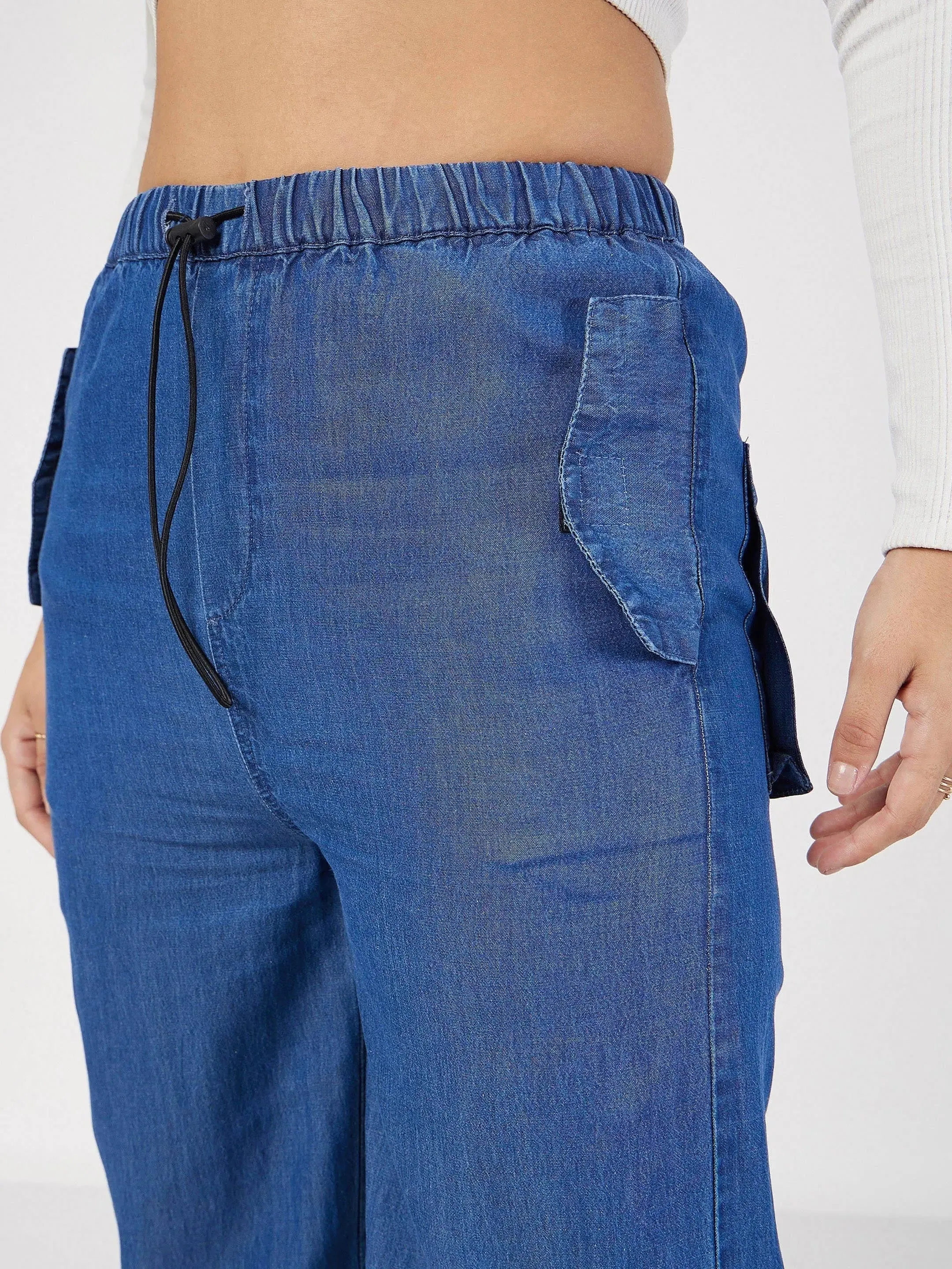Women Blue Denim Baggy Fit Cargo Pants-SFPANT50695XS