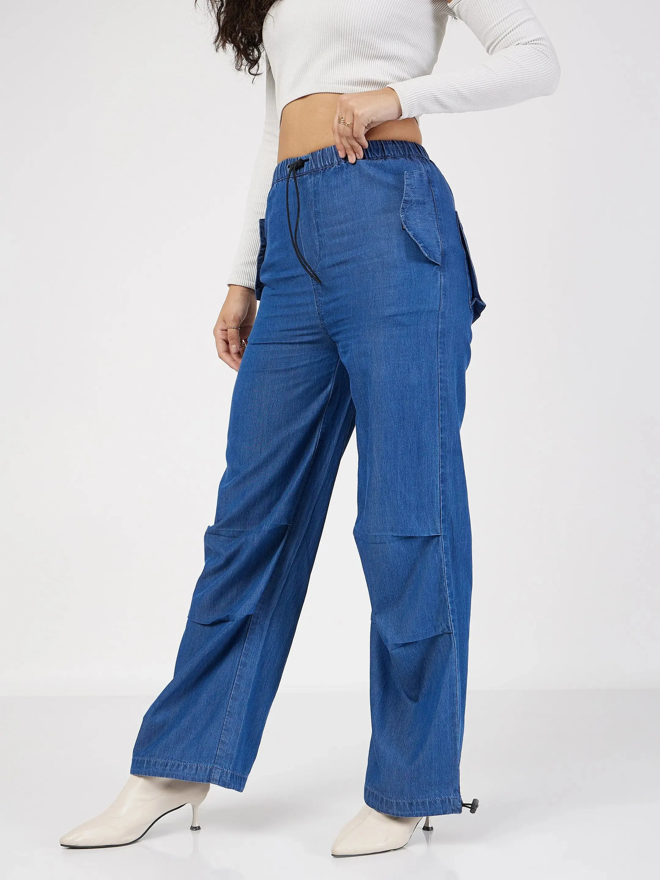 Women Blue Denim Baggy Fit Cargo Pants-SFPANT50695XS