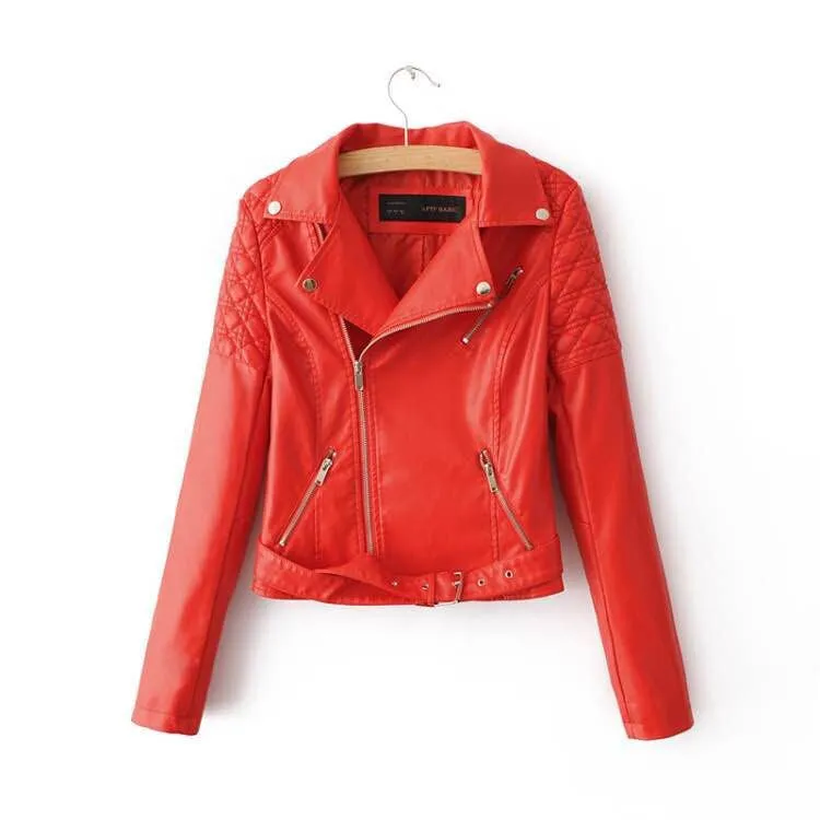 Women Faux Soft Leather Jackets Lady Black Motorcycle PU Autumn Winter Biker Zipper Coat Outerwear Belt