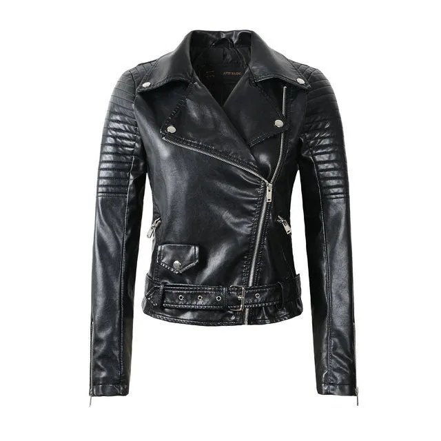 Women Faux Soft Leather Jackets Lady Black Motorcycle PU Autumn Winter Biker Zipper Coat Outerwear Belt