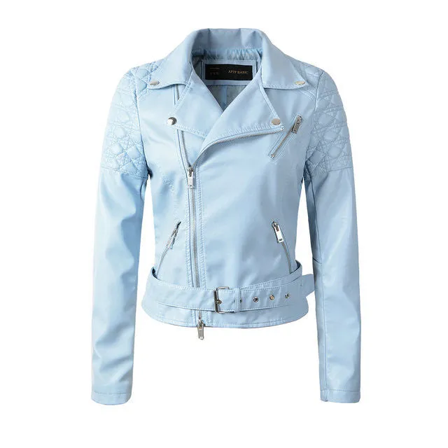 Women Faux Soft Leather Jackets Lady Black Motorcycle PU Autumn Winter Biker Zipper Coat Outerwear Belt