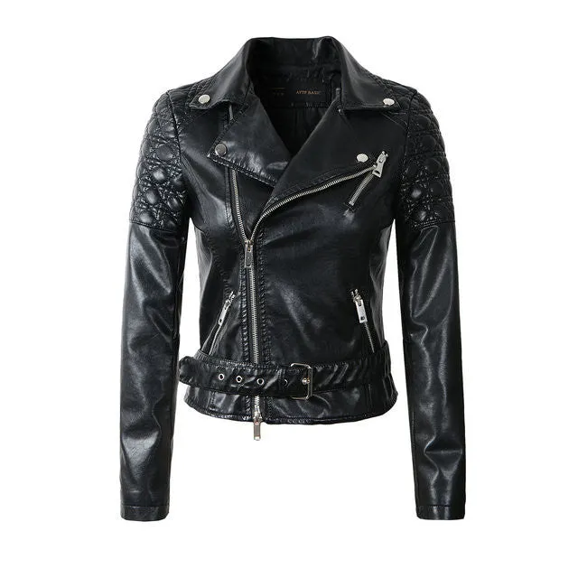 Women Faux Soft Leather Jackets Lady Black Motorcycle PU Autumn Winter Biker Zipper Coat Outerwear Belt