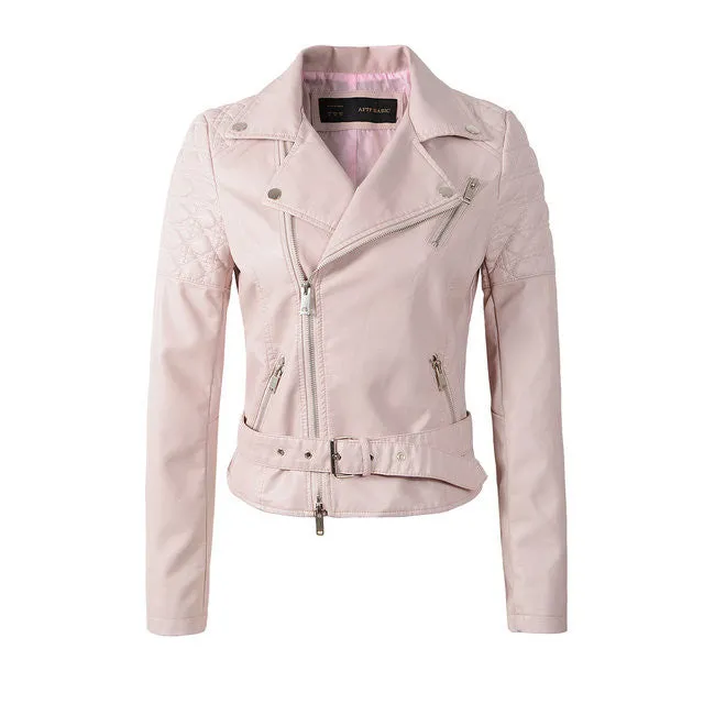 Women Faux Soft Leather Jackets Lady Black Motorcycle PU Autumn Winter Biker Zipper Coat Outerwear Belt