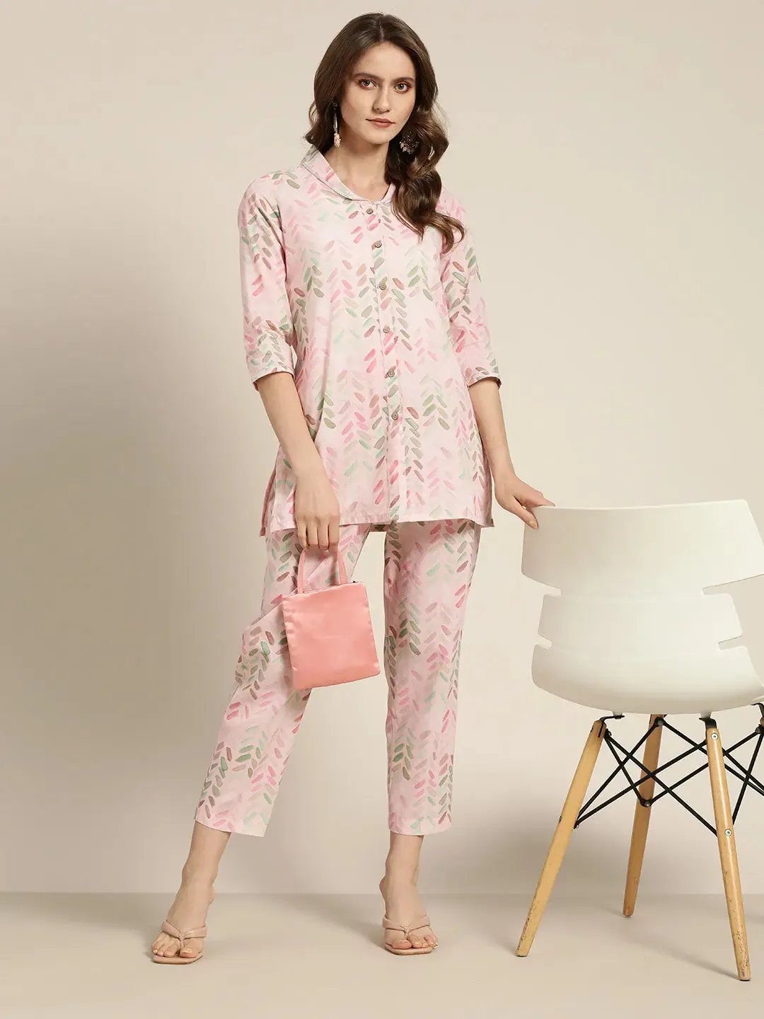 Women Pink Brush Paint Chevron Sustainable Straight Pants
