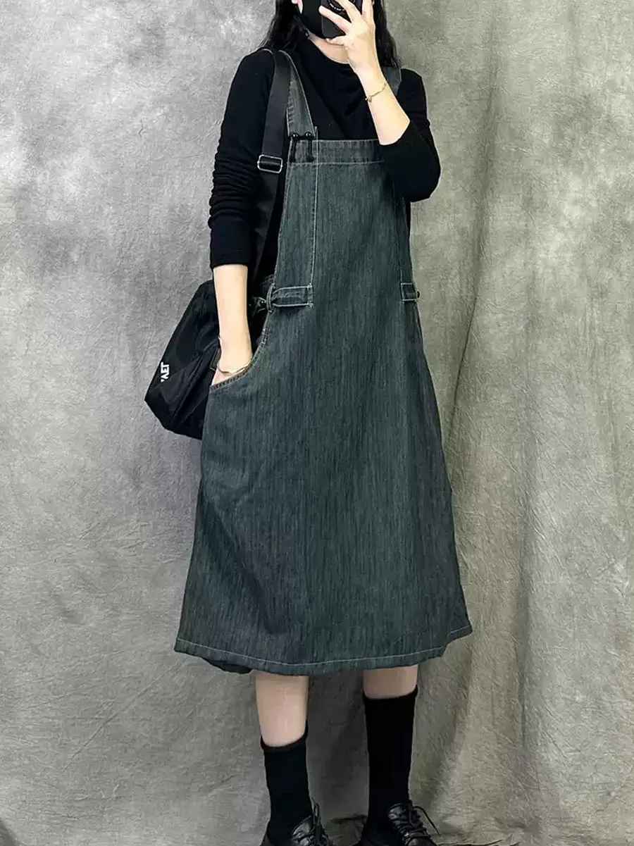 Women Spring Retro Pure Color Denim Suspender Dress