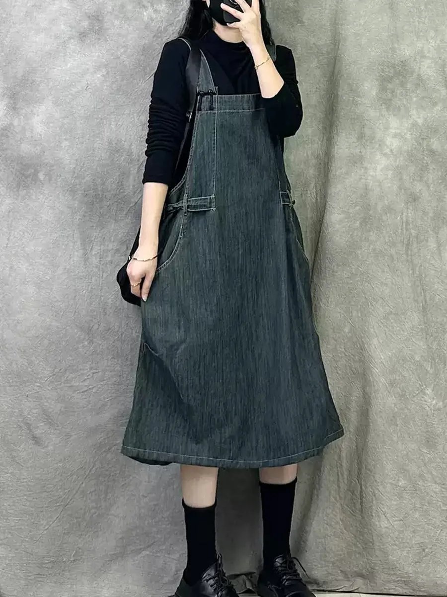 Women Spring Retro Pure Color Denim Suspender Dress