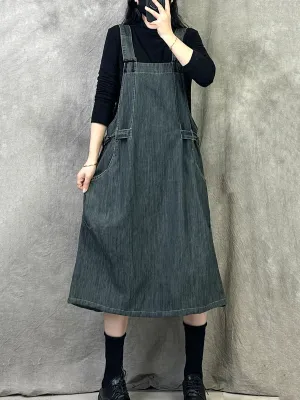 Women Spring Retro Pure Color Denim Suspender Dress