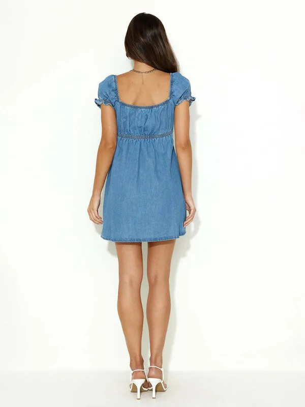 Women's Denim Dress with Hollow Ties and Puff Sleeves