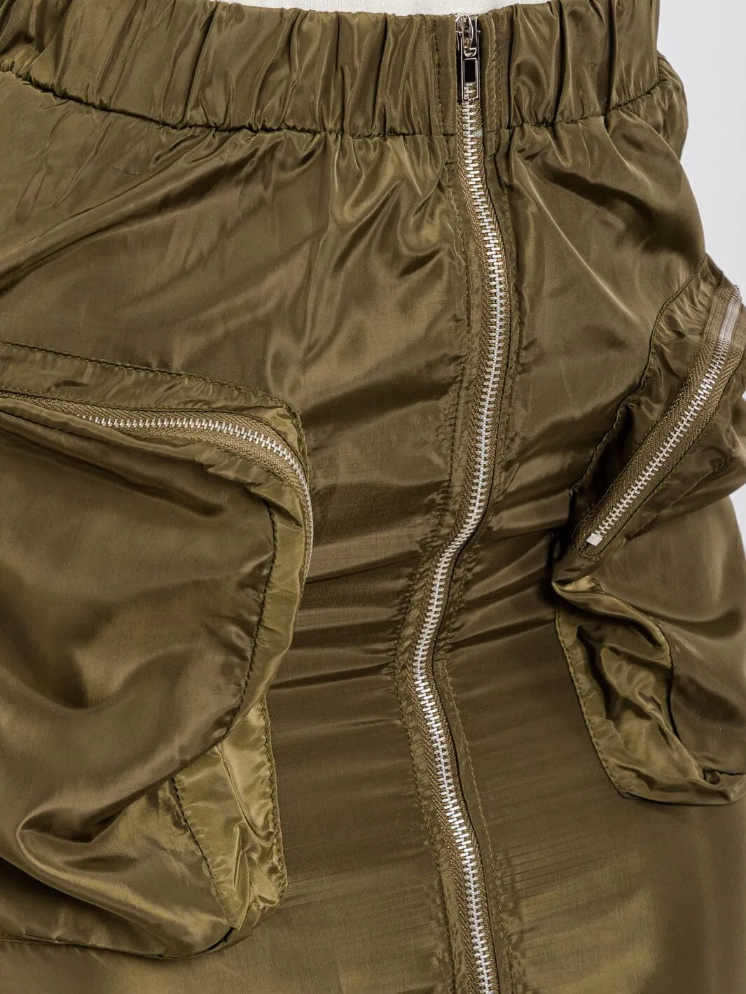 WOMEN'S ELASTIC WAIST ZIP UP FRONT CARGO POCKETS MIDI SKIRT