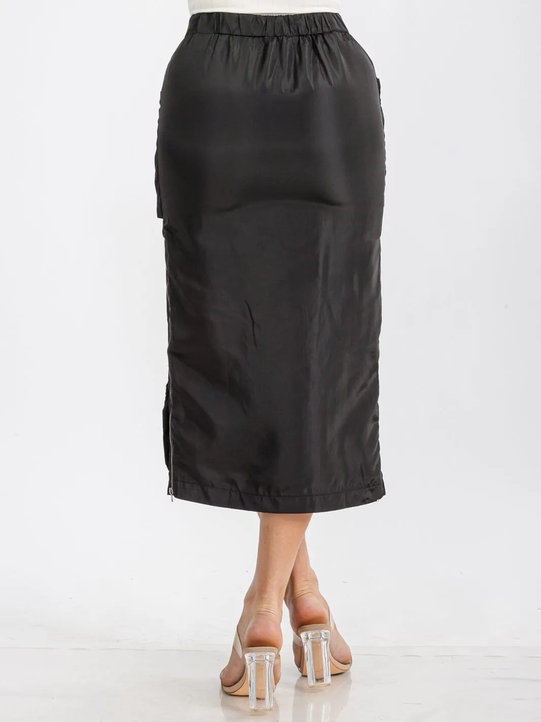 WOMEN'S ELASTIC WAIST ZIP UP FRONT CARGO POCKETS MIDI SKIRT
