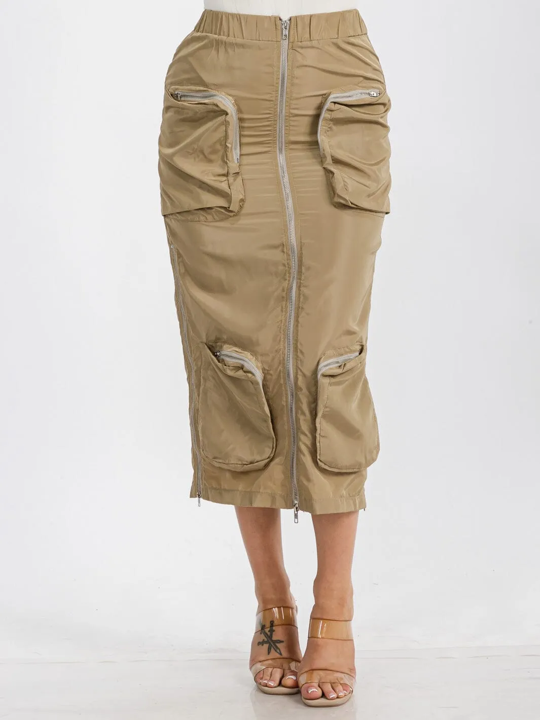 WOMEN'S ELASTIC WAIST ZIP UP FRONT CARGO POCKETS MIDI SKIRT