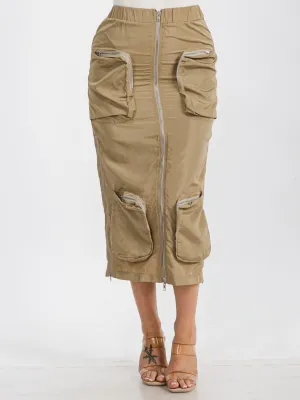WOMEN'S ELASTIC WAIST ZIP UP FRONT CARGO POCKETS MIDI SKIRT