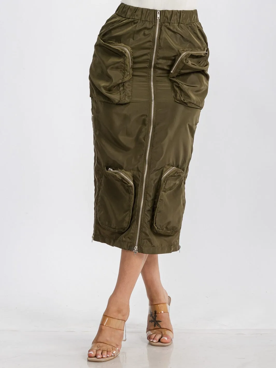 WOMEN'S ELASTIC WAIST ZIP UP FRONT CARGO POCKETS MIDI SKIRT