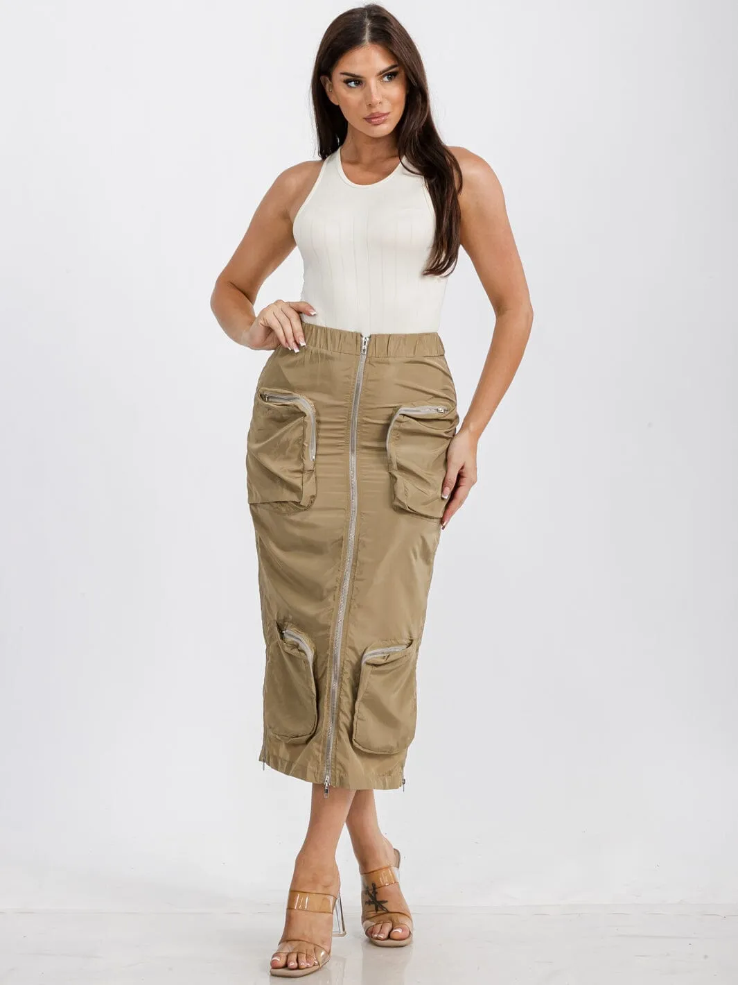 WOMEN'S ELASTIC WAIST ZIP UP FRONT CARGO POCKETS MIDI SKIRT