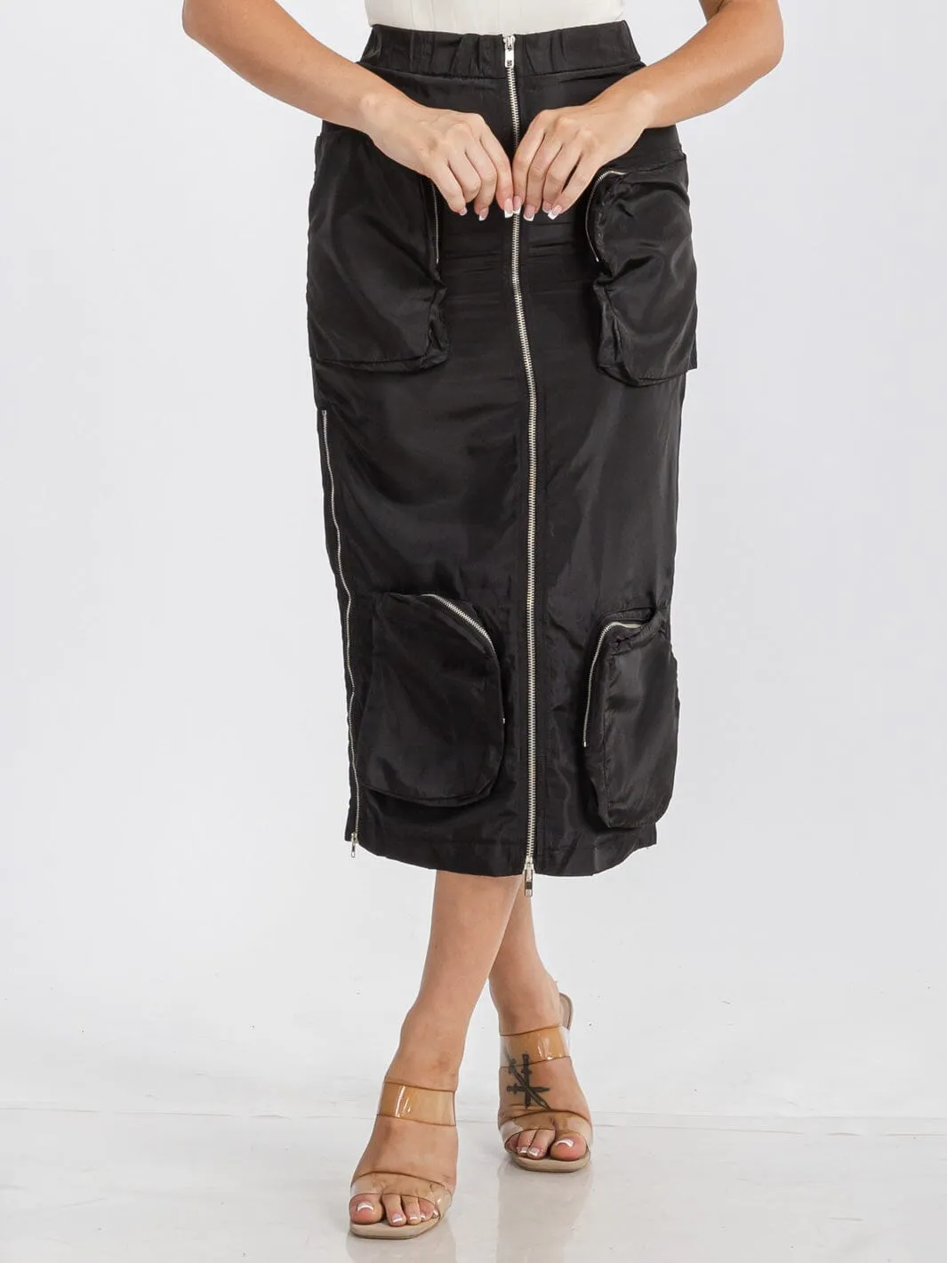 WOMEN'S ELASTIC WAIST ZIP UP FRONT CARGO POCKETS MIDI SKIRT