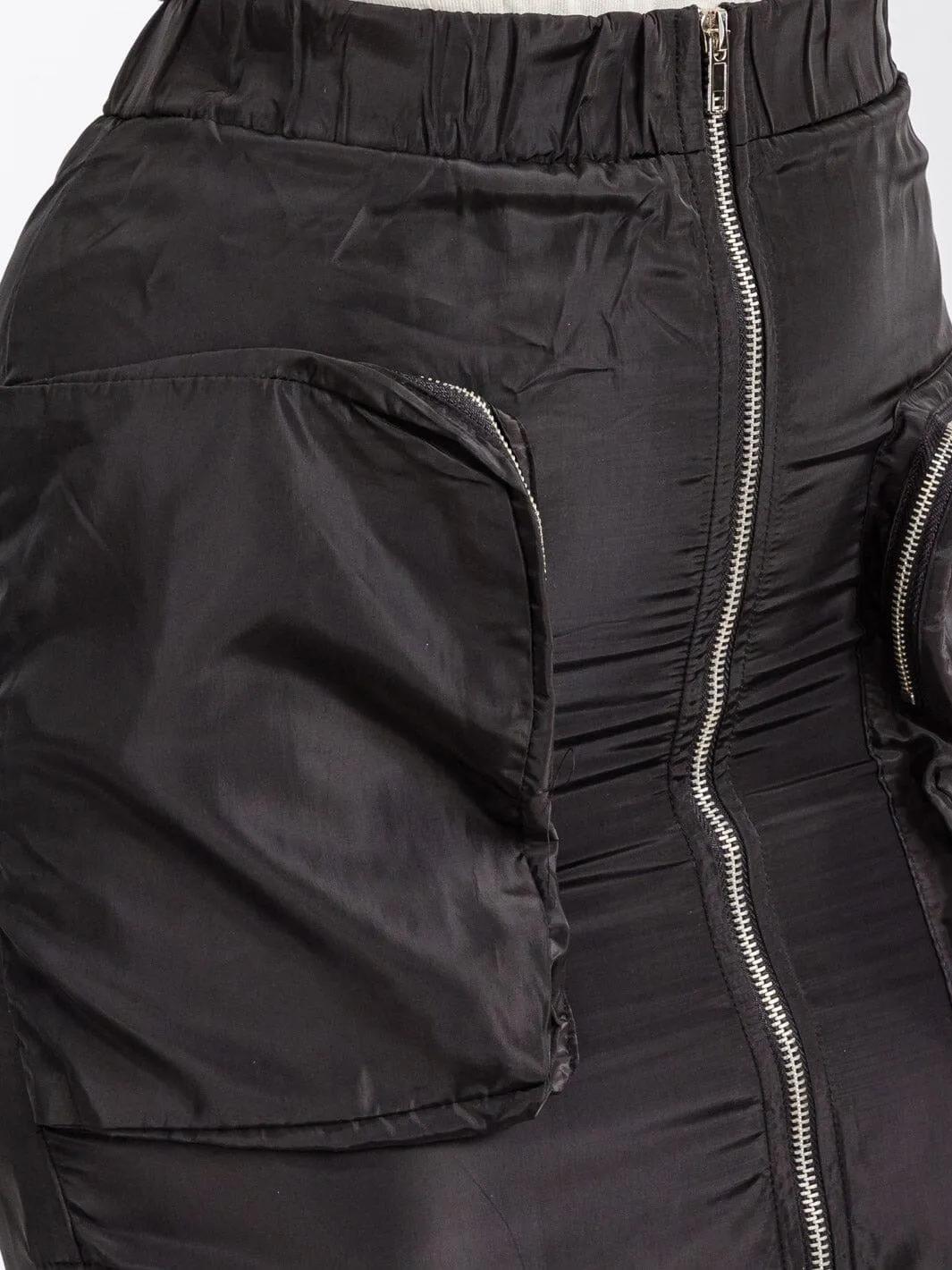 WOMEN'S ELASTIC WAIST ZIP UP FRONT CARGO POCKETS MIDI SKIRT
