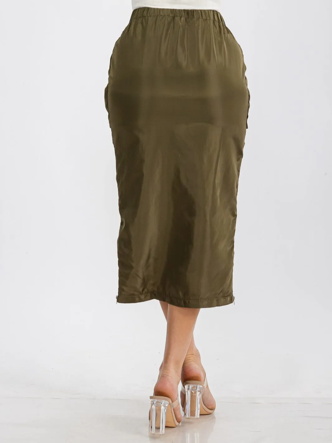 WOMEN'S ELASTIC WAIST ZIP UP FRONT CARGO POCKETS MIDI SKIRT