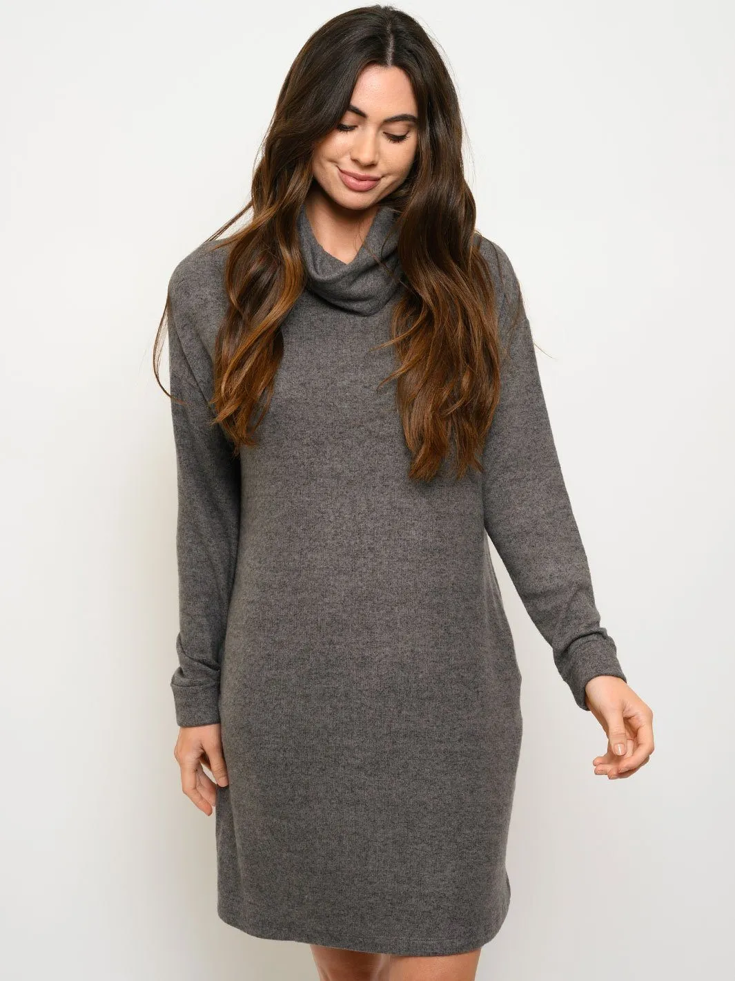 WOMEN'S LONG SLEEVE TURTLE NECK POCKETS MINI DRESS