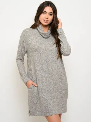 WOMEN'S LONG SLEEVE TURTLE NECK POCKETS MINI DRESS