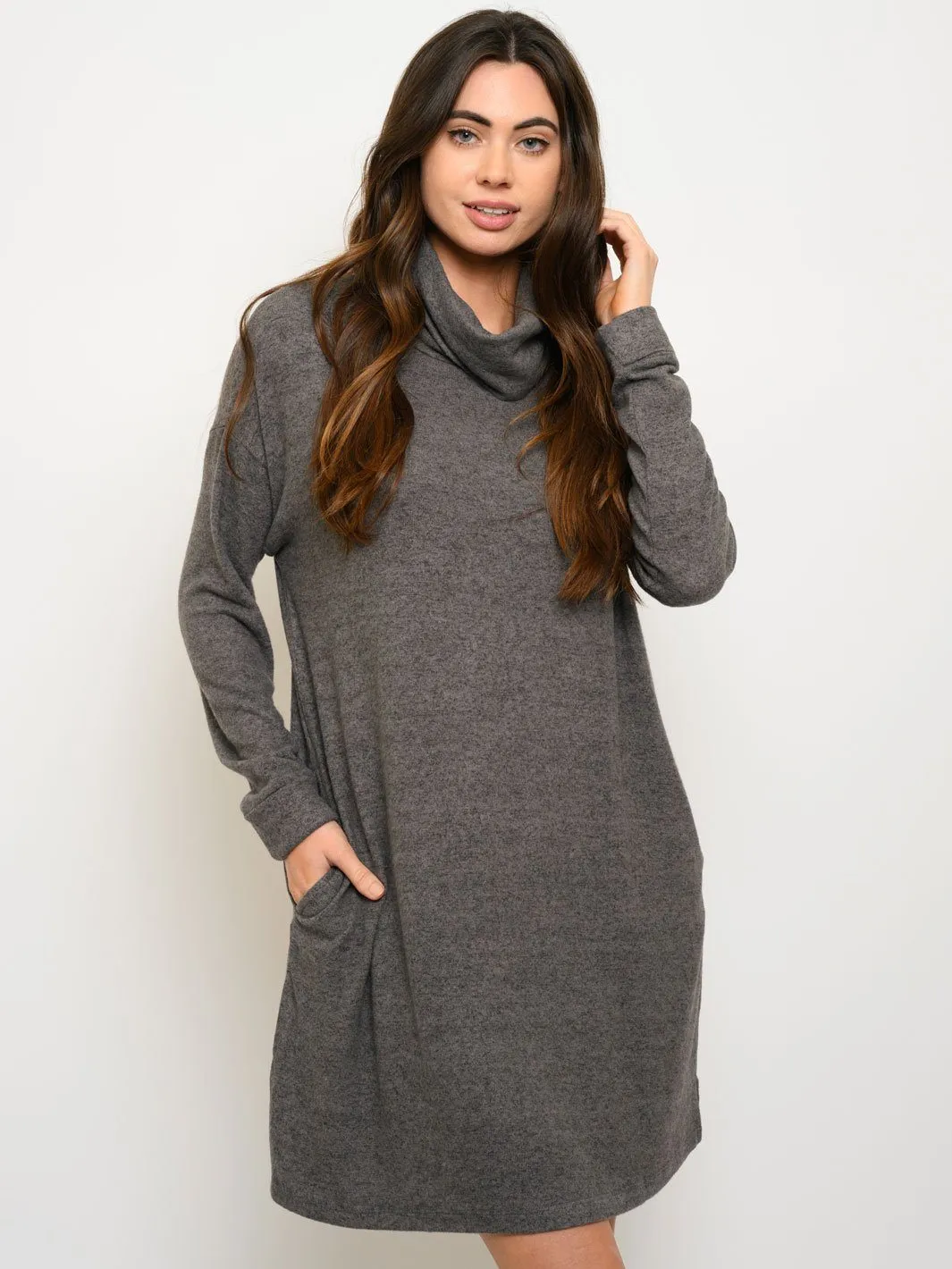 WOMEN'S LONG SLEEVE TURTLE NECK POCKETS MINI DRESS