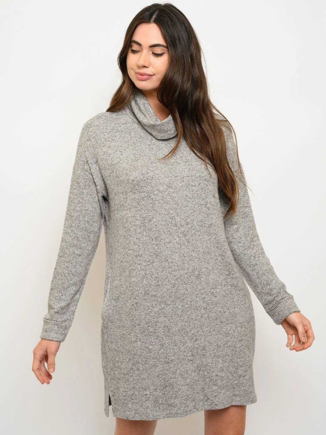 WOMEN'S LONG SLEEVE TURTLE NECK POCKETS MINI DRESS