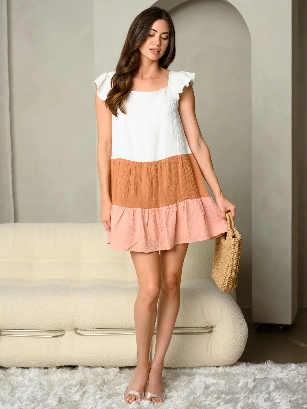 WOMEN'S SQUARE NECK WITH FLUTTER SLEEVES AND SIDE POCKET TIERED MINI DRESS