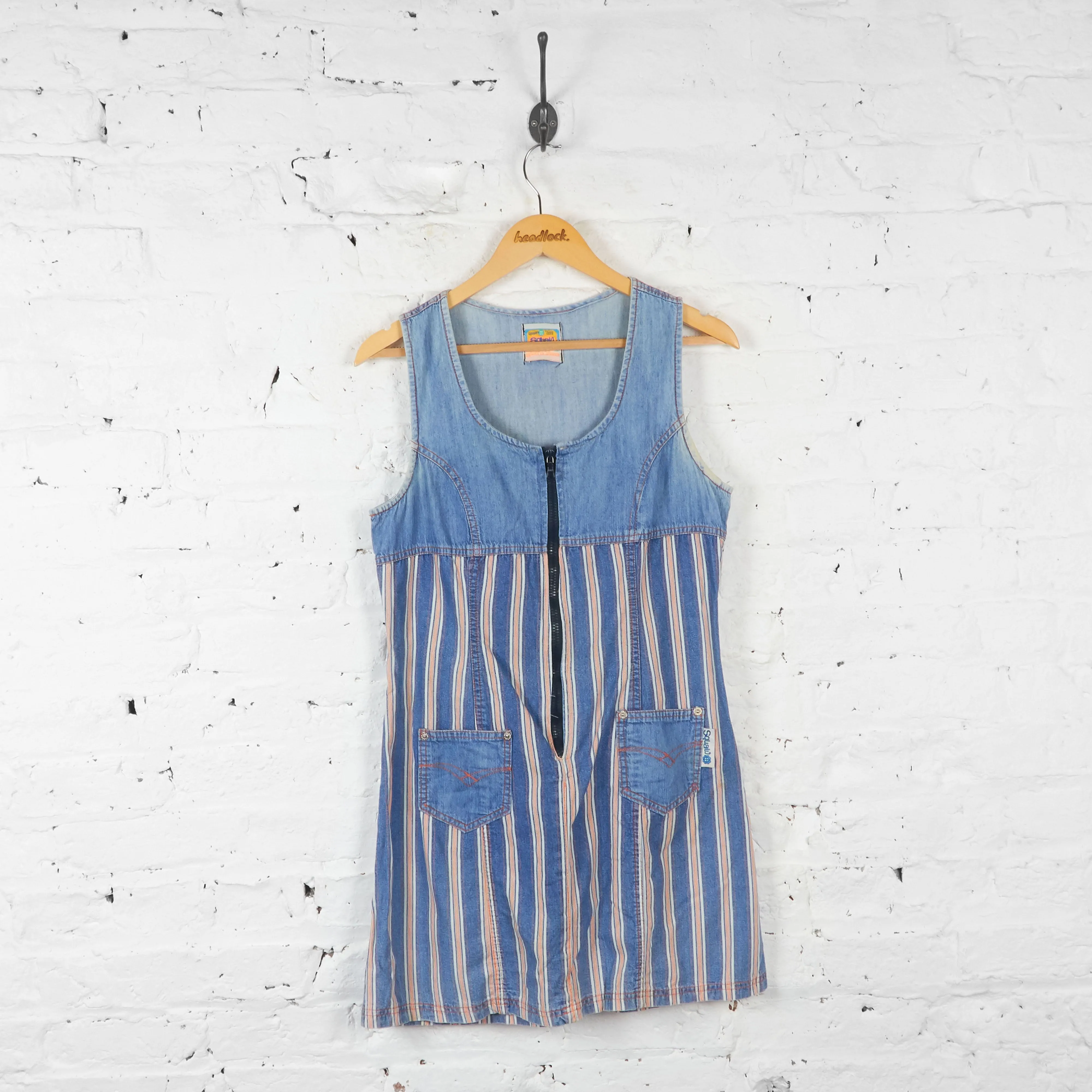 Womens Striped Denim Pinafore Dress - Blue - UK 10