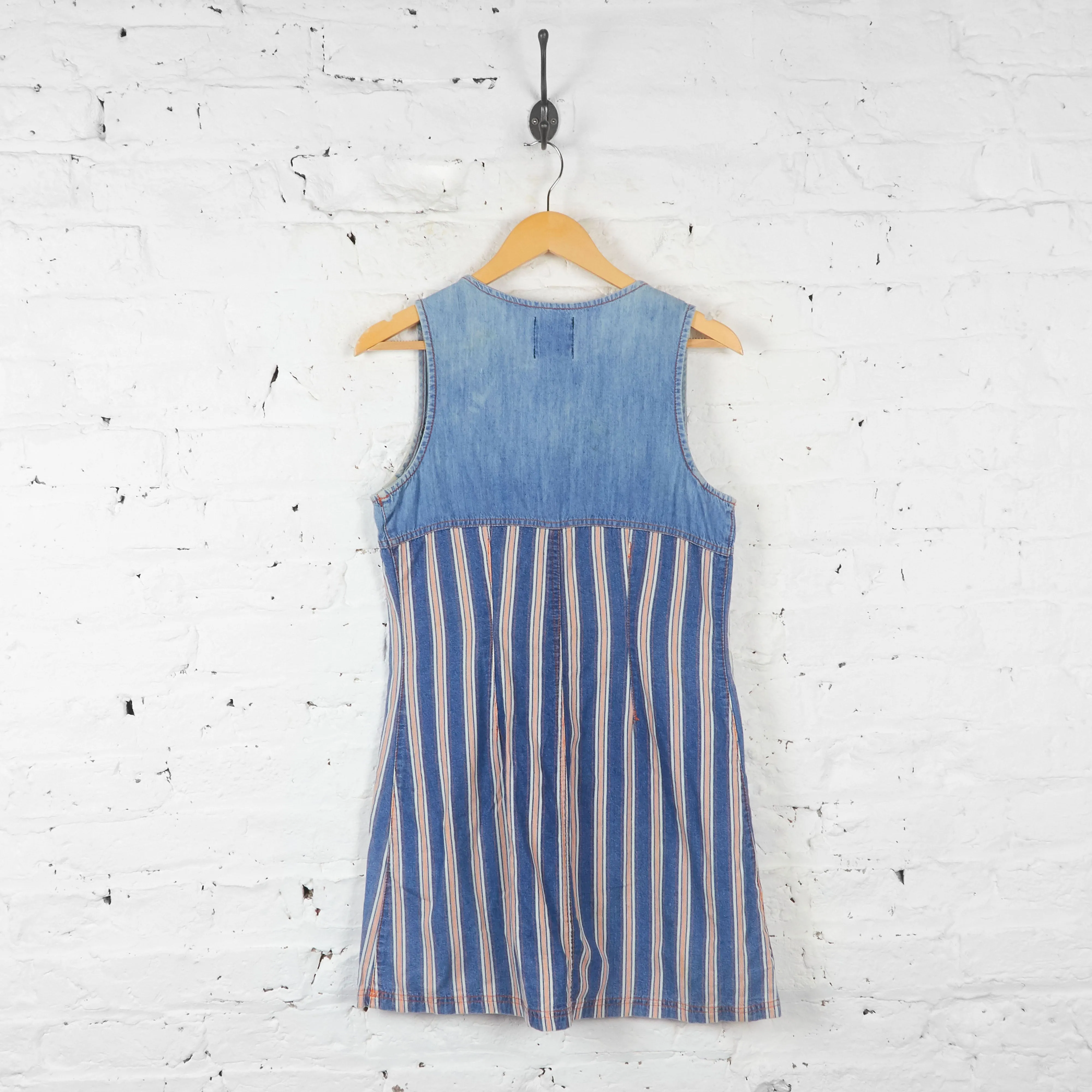 Womens Striped Denim Pinafore Dress - Blue - UK 10
