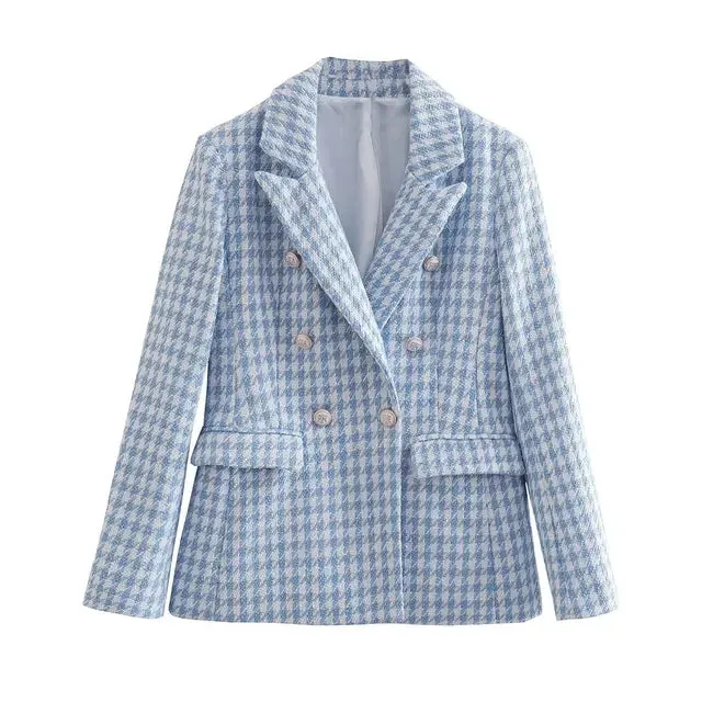 Women's vintage houndstooth double-breasted tweed blazer with patch pockets