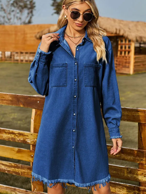 Women's Washed Denim Loose Casual Long Sleeve Raw Edge Dress