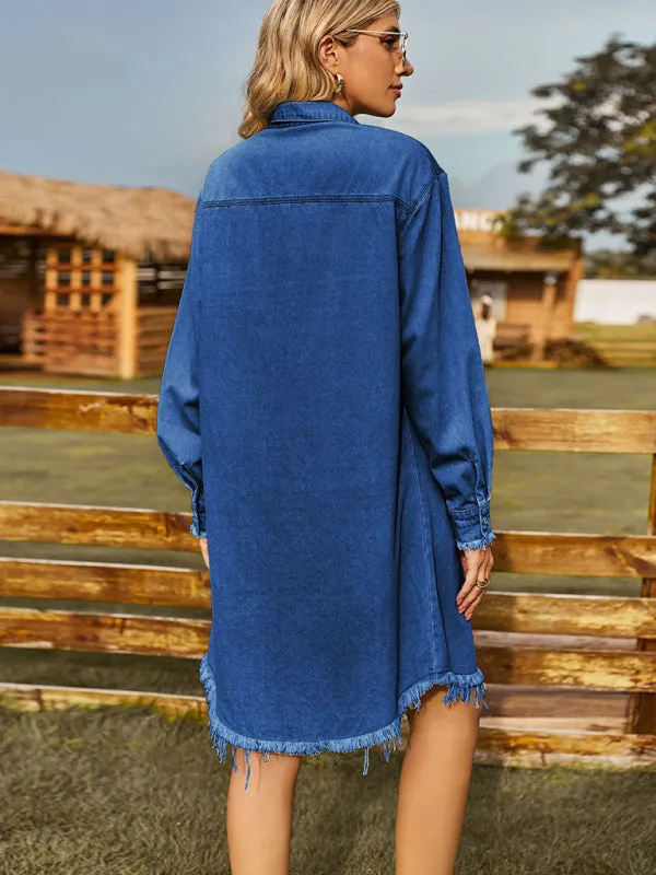 Women's Washed Denim Loose Casual Long Sleeve Raw Edge Dress