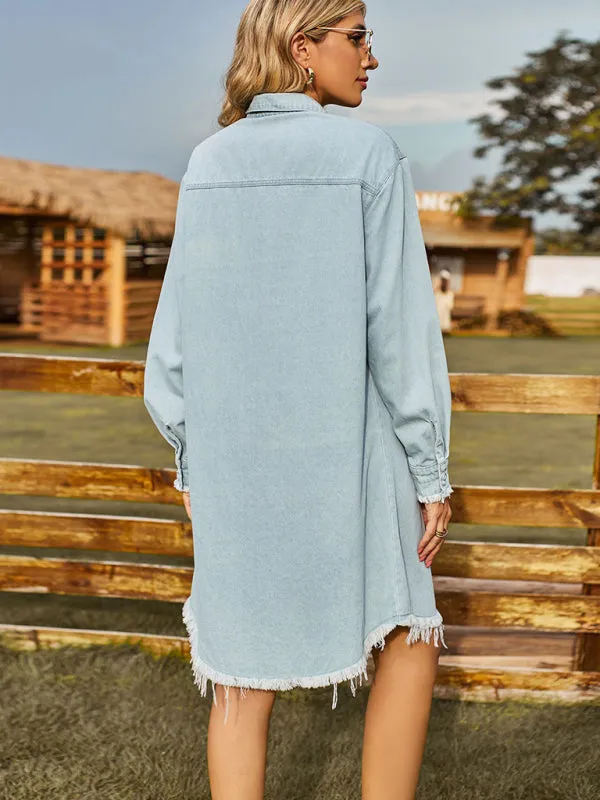 Women's Washed Denim Loose Casual Long Sleeve Raw Edge Dress