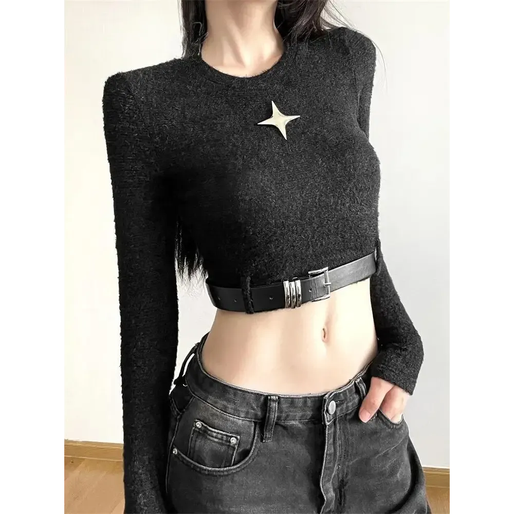 Y2K Chic Cropped Top with Waist-Cutting Design and Astral Accents